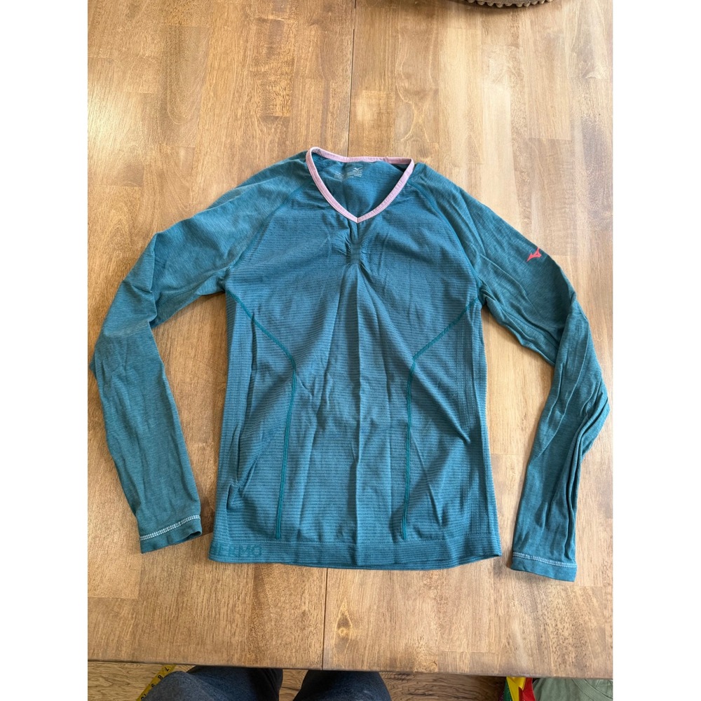 Mizuno Breath Thermo Running Top Womens Small Teal Blue V-Neck Long Sleeve